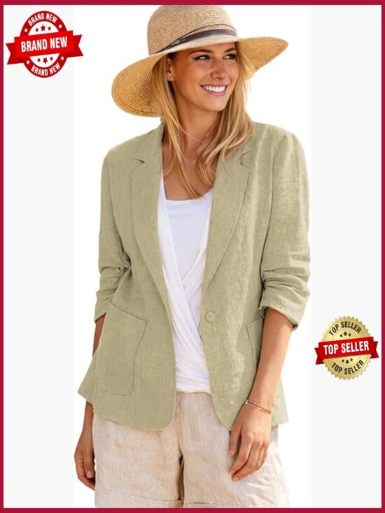 Jackets & Blazers - Lightweight Linen Blend Blazer - 3/4 Sleeve Business Casual